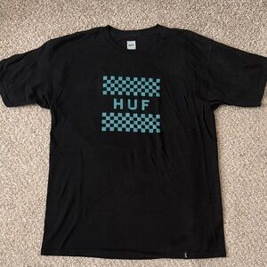 HUF Black Tee with Teal Checkerboard HUF Logo